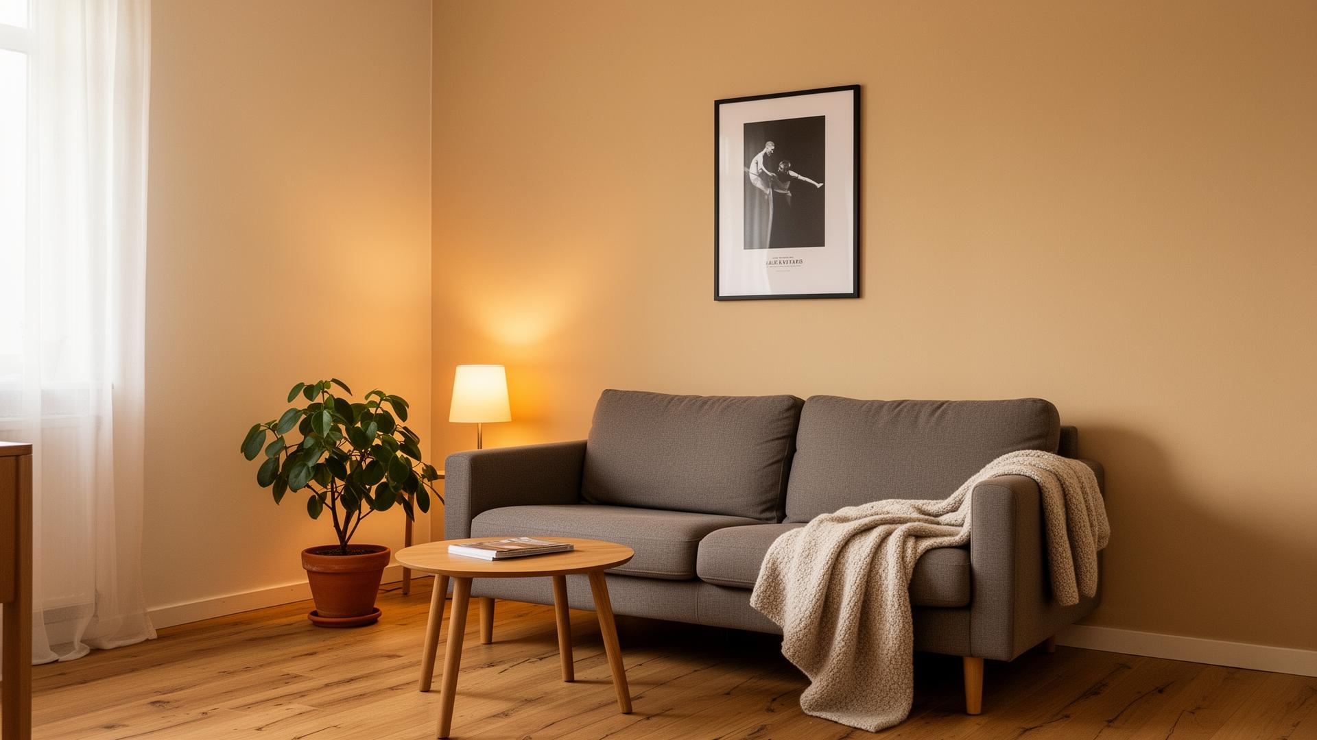 Mysigt vardagsrum med varma toner, en grå soffa, växt och varm bordslampa